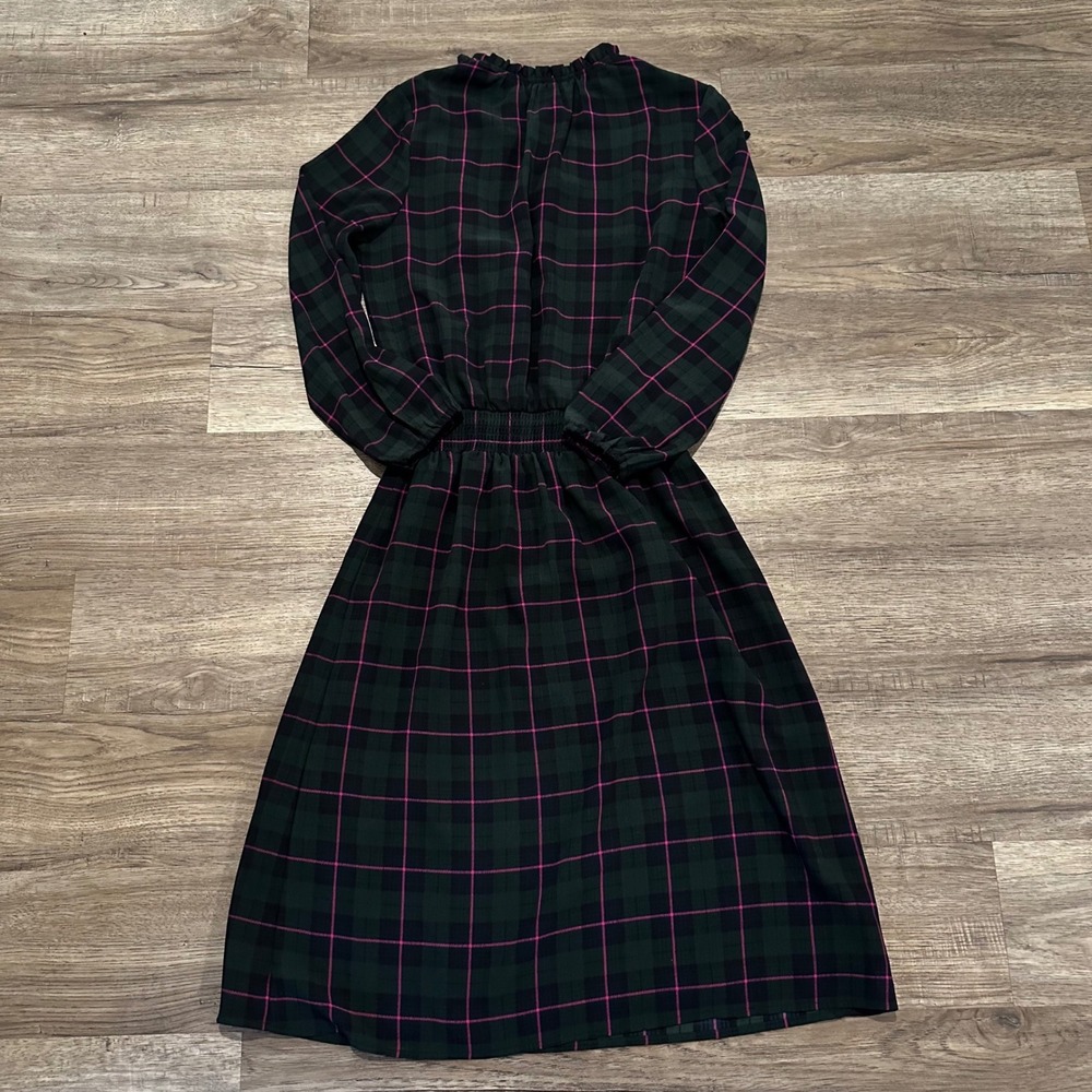 J.Crew Women Green Pink Blk Watch Plaid Smocked Waist Ruffle Midi Dress AG882 XS - Picture 2 of 12